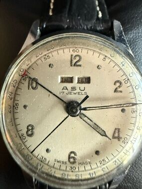 ASU 17 Jewels Vintage Swiss Watch - Cream Dial. Day, Date & Month